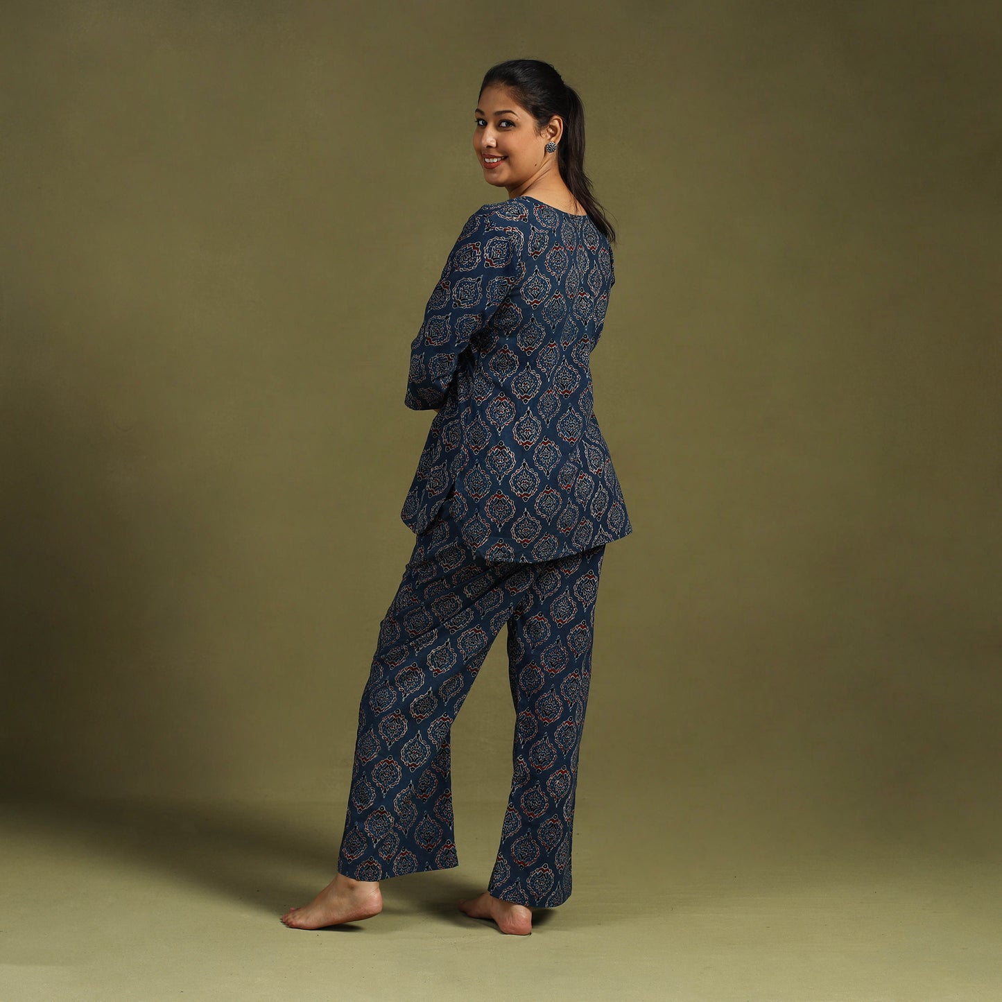 Blue Cotton Ajrakh Block Print Night Suit Set