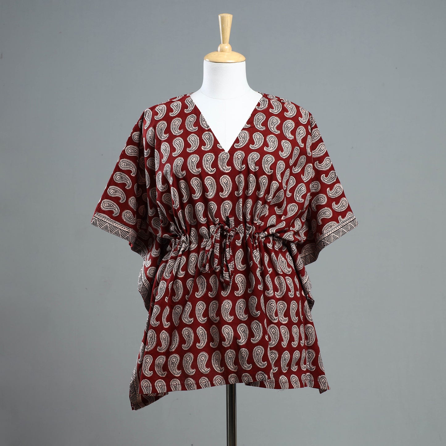 Red - Bagh Block Printed Cotton Kaftan with Tie-Up Waist (Short)