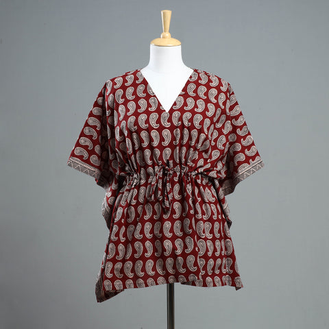 Red - Bagh Block Printed Cotton Kaftan with Tie-Up Waist (Short)
