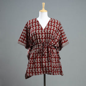 Red - Bagh Block Printed Cotton Kaftan with Tie-Up Waist (Short)