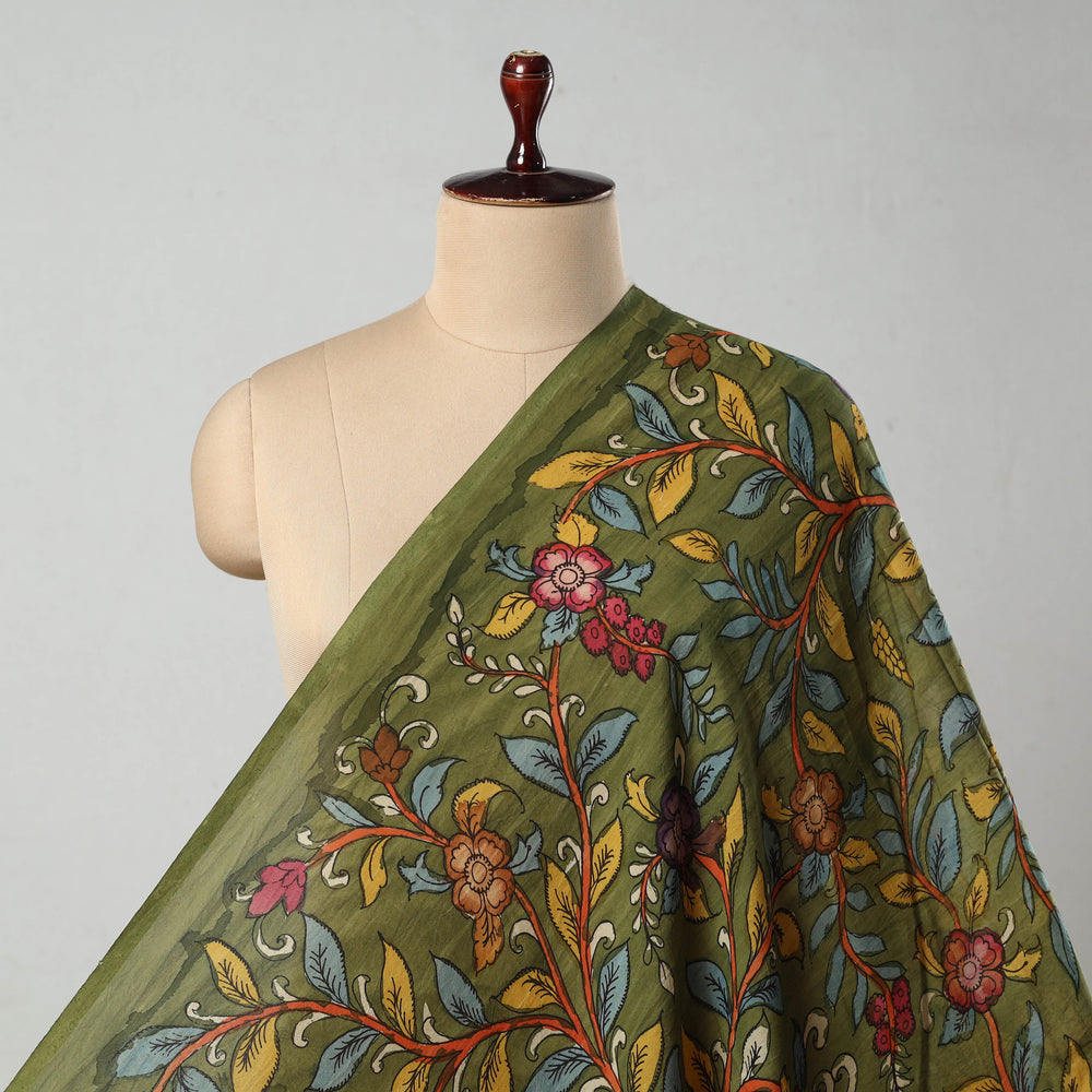 Green - Bangalore Silk Srikalahasti Handpainted Pen Kalamkari Fabric 14