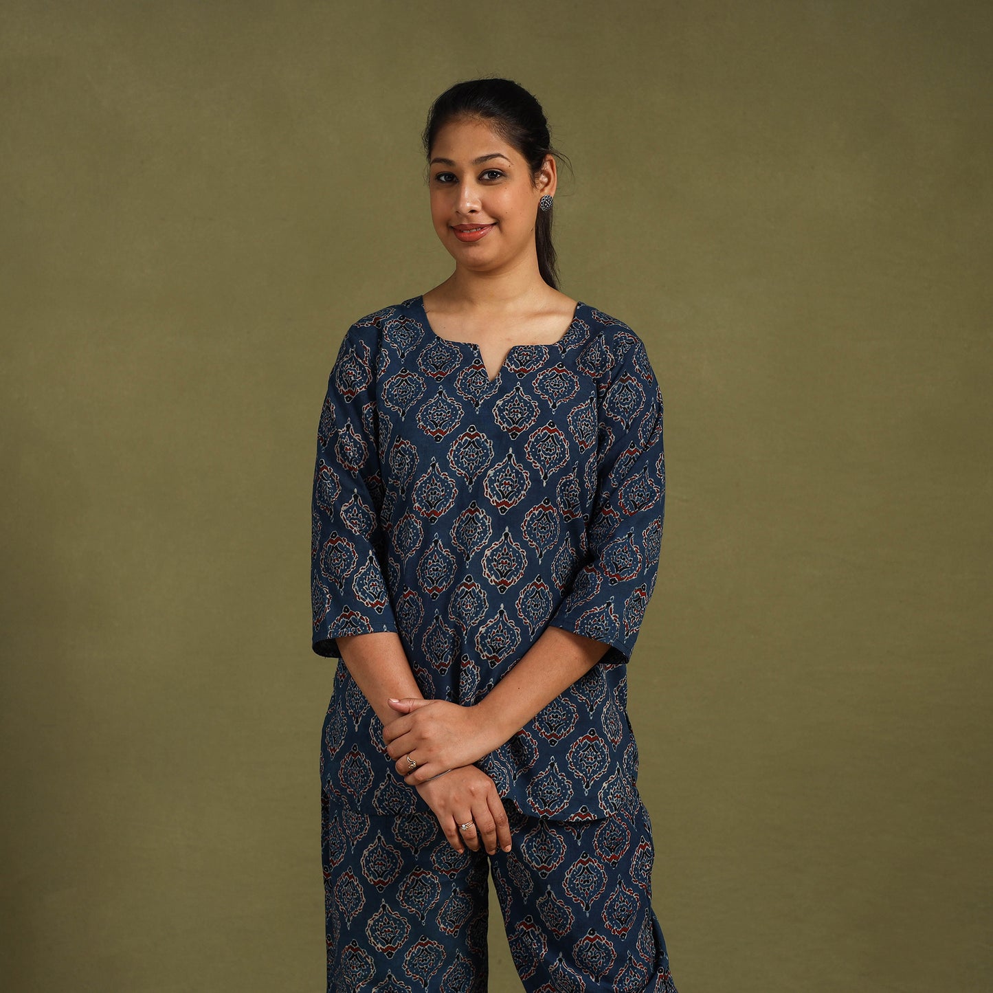 Blue Cotton Ajrakh Block Print Night Suit Set