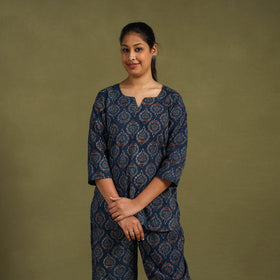 Blue Cotton Ajrakh Block Print Night Suit Set