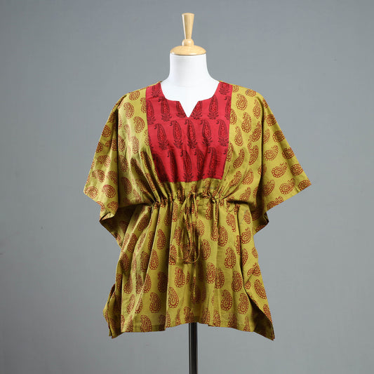 Yellow - Bagh Block Printed Cotton Kaftan with Tie-Up Waist (Short)