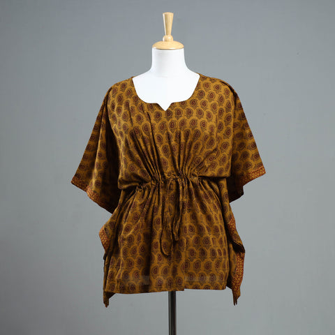 Yellow - Bagh Block Printed Cotton Kaftan with Tie-Up Waist (Short)