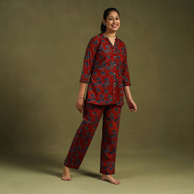 Red Cotton Ajrakh Block Print Night Suit Set