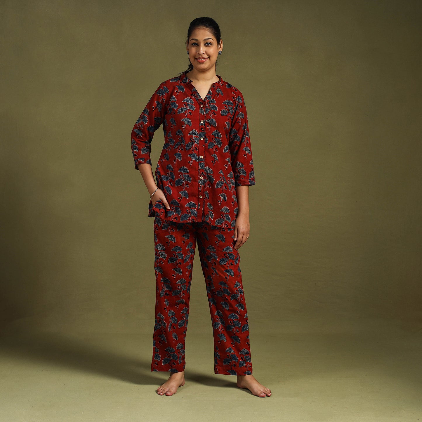 Red Cotton Ajrakh Block Print Night Suit Set