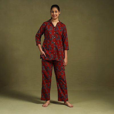Red Cotton Ajrakh Block Print Night Suit Set