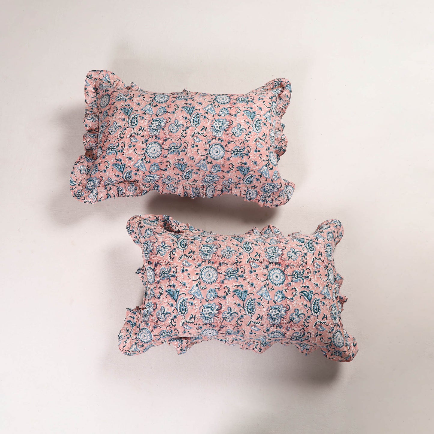 Pink - Set of 2 Sanganeri Block Print Cotton Frill Pillow Covers 02