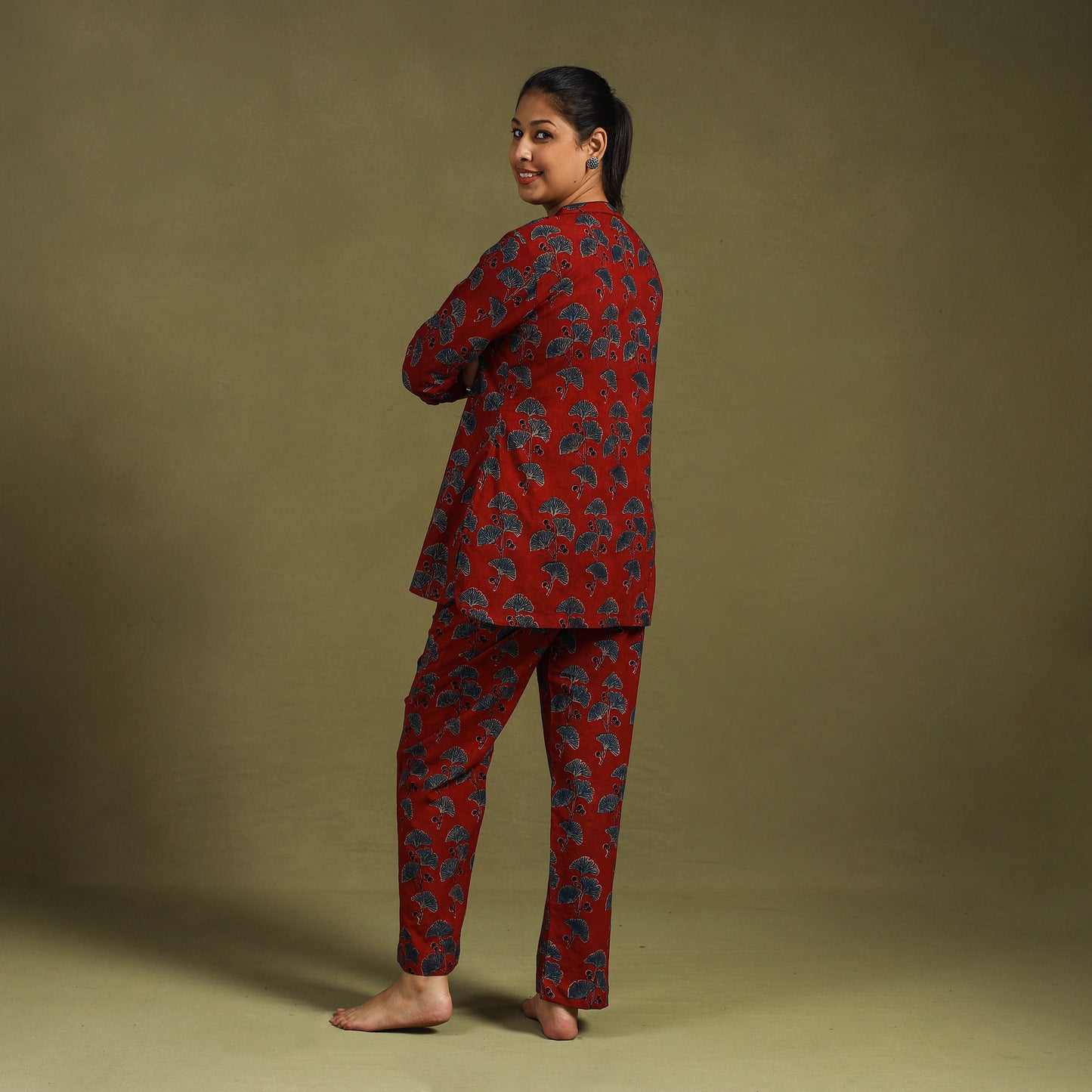 Red Cotton Ajrakh Block Print Night Suit Set