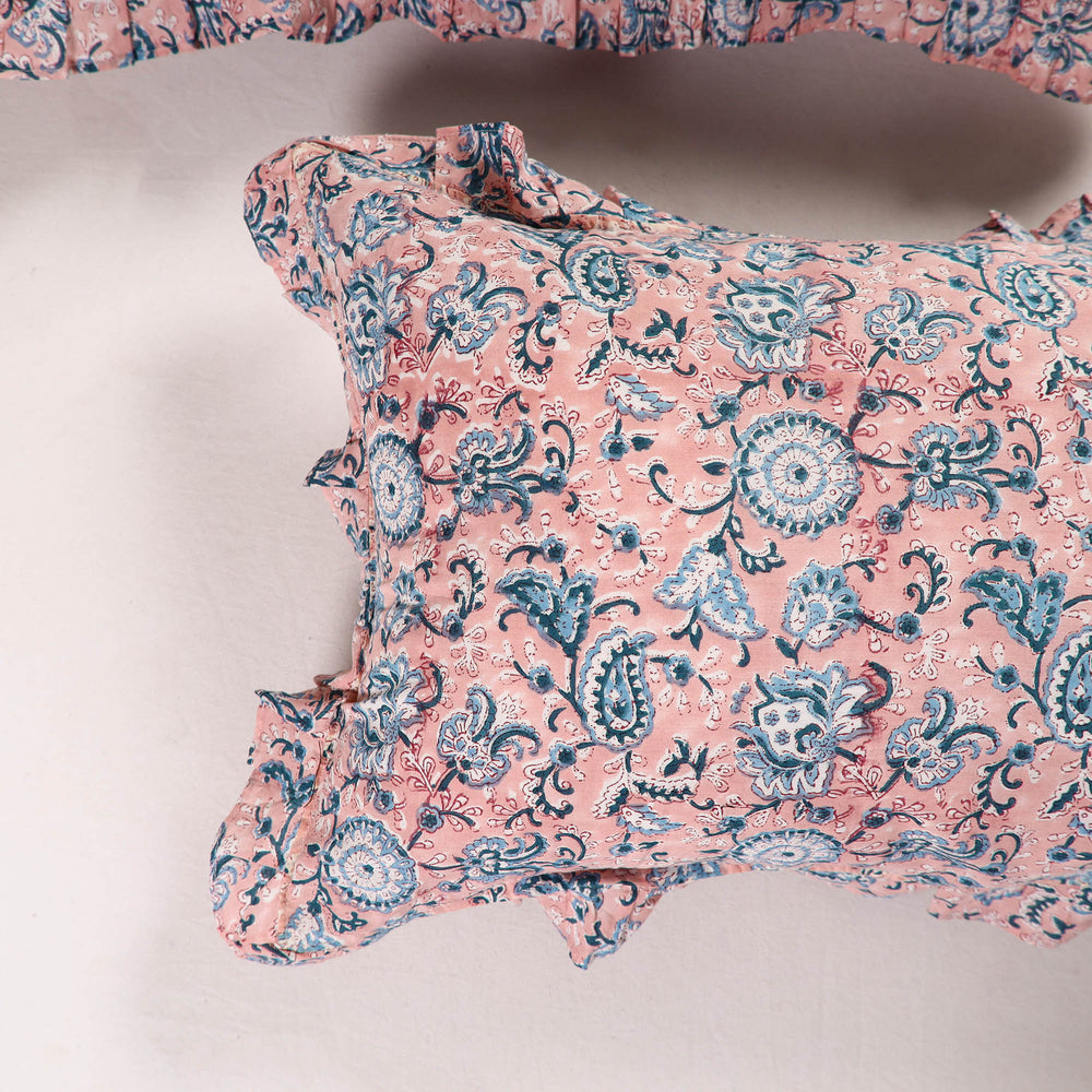 Pink - Set of 2 Sanganeri Block Print Cotton Frill Pillow Covers 02