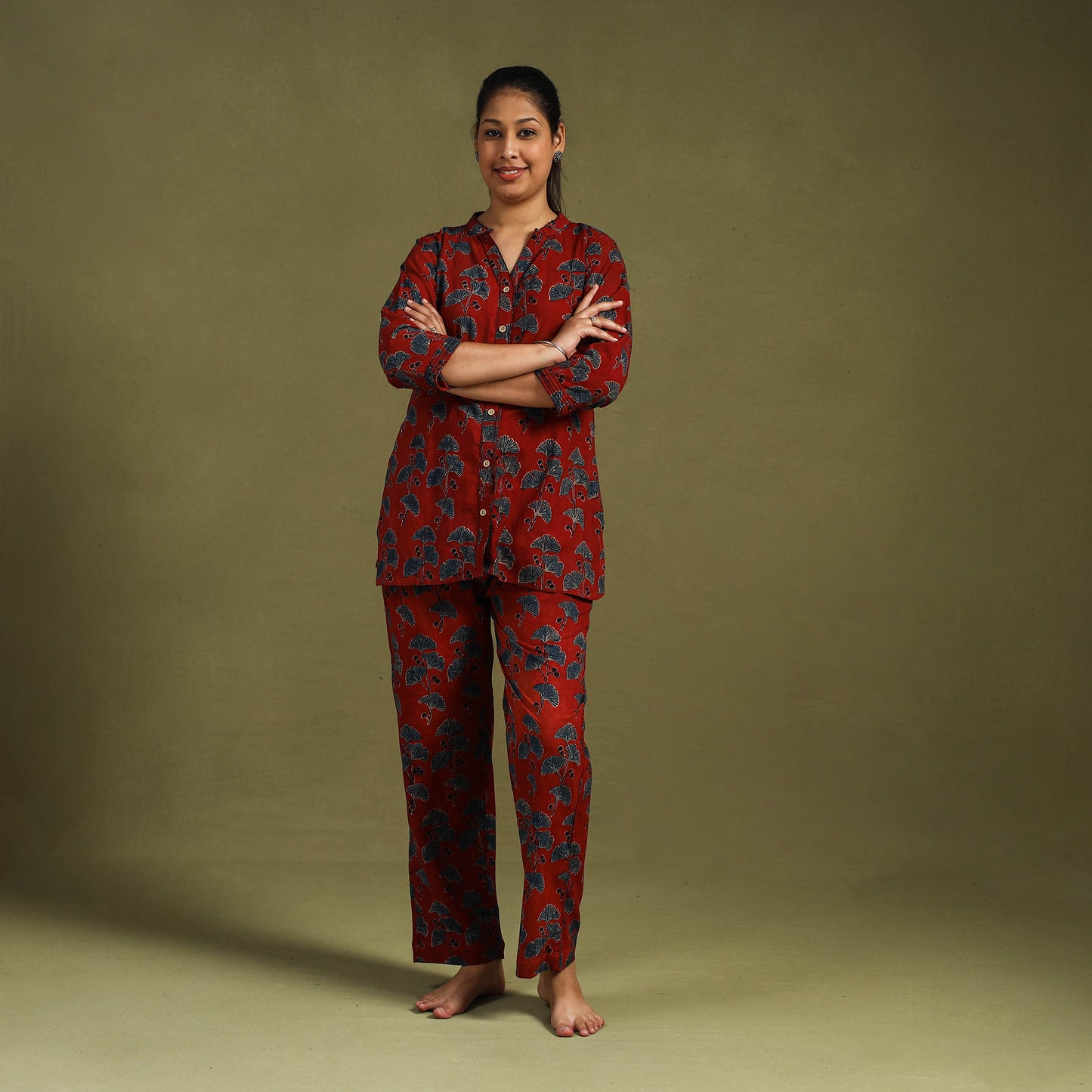 Red Cotton Ajrakh Block Print Night Suit Set