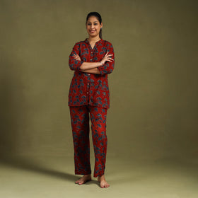 Red Cotton Ajrakh Block Print Night Suit Set