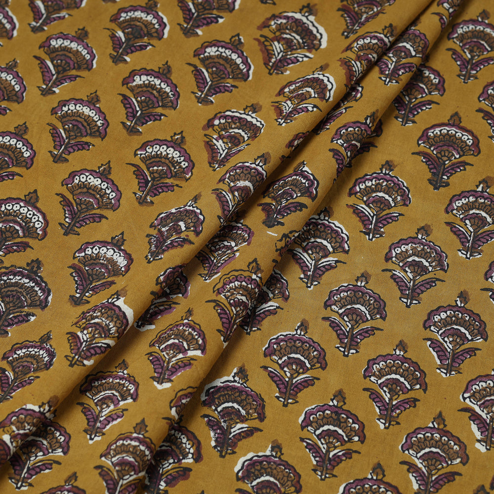 Yellow - Floral Sanganeri Block Print Cotton Fabric 05