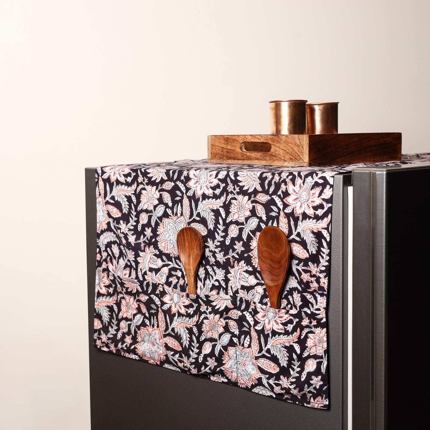 Black Handmade Cotton Fridge Top Cover with Multiple Pockets