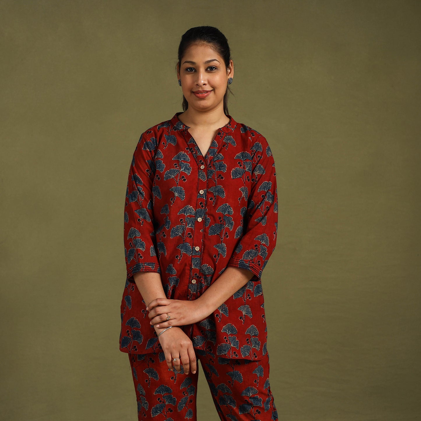 Red Cotton Ajrakh Block Print Night Suit Set