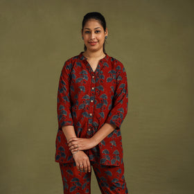 Red Cotton Ajrakh Block Print Night Suit Set