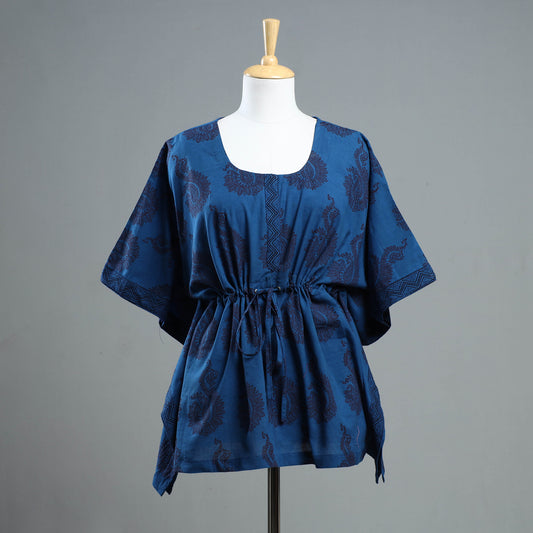Blue - Bagh Block Printed Cotton Kaftan with Tie-Up Waist (Short)