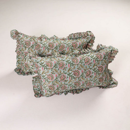 Green - Set of 2 Sanganeri Block Print Cotton Frill Pillow Covers 03