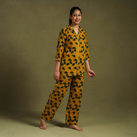 Yellow Cotton Ajrakh Block Print Night Suit Set