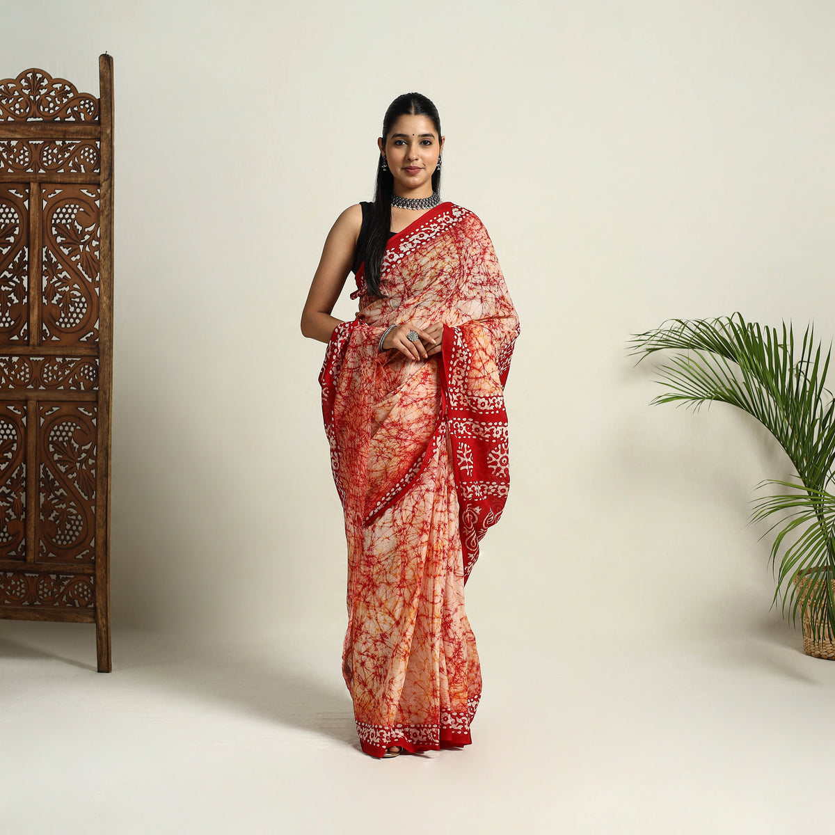  Red Mul Cotton Hand Batik Print Saree