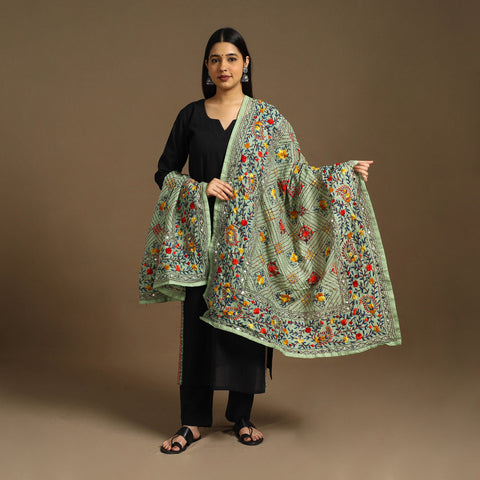  Green Ranihati Chanderi Silk Hand Embroidery Dupatta
