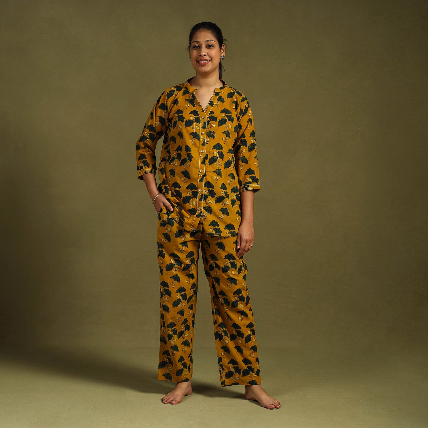 Yellow Cotton Ajrakh Block Print Night Suit Set