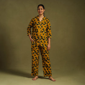 Yellow Cotton Ajrakh Block Print Night Suit Set