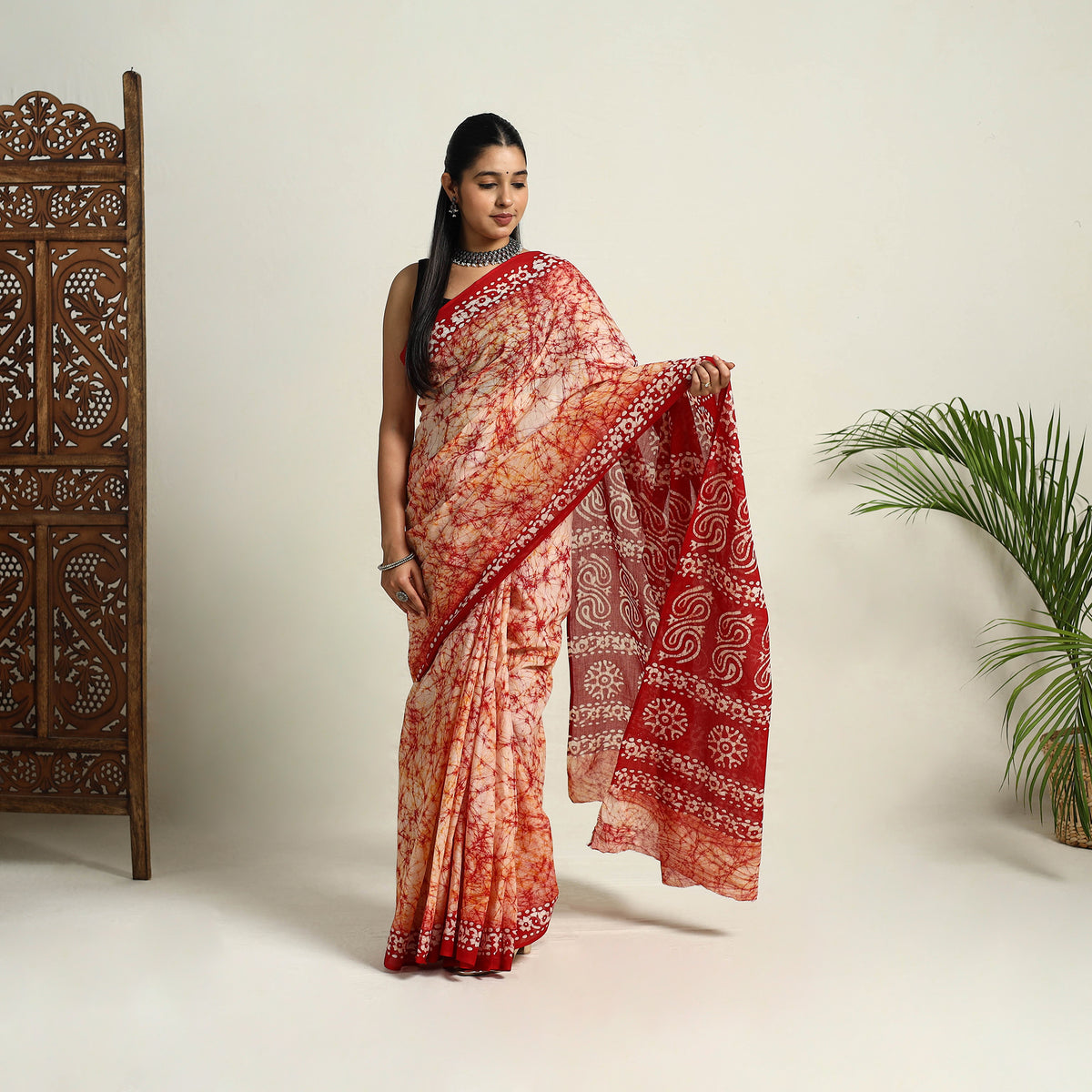  Red Mul Cotton Hand Batik Print Saree