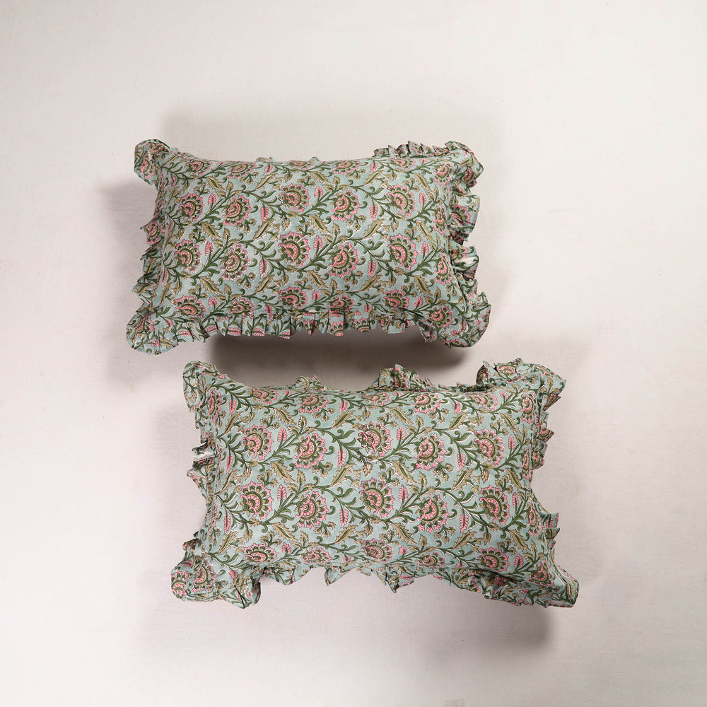 Green - Set of 2 Sanganeri Block Print Cotton Frill Pillow Covers 03