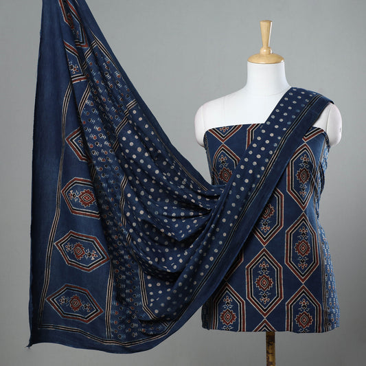 Blue - 3pc Ajrakh Hand Block Printed Cotton Suit Material Set