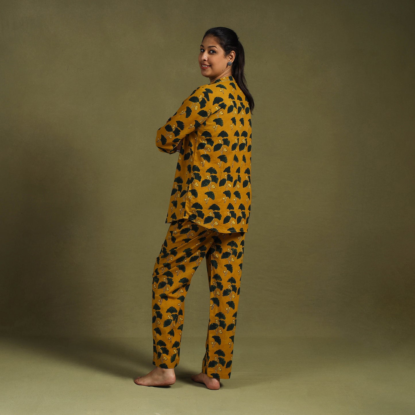 Yellow Cotton Ajrakh Block Print Night Suit Set