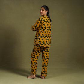 Yellow Cotton Ajrakh Block Print Night Suit Set