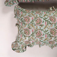 Green - Set of 2 Sanganeri Block Print Cotton Frill Pillow Covers 03