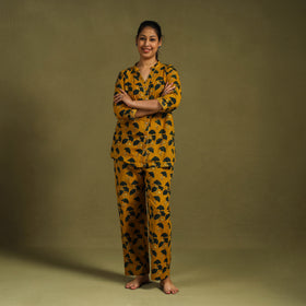 Yellow Cotton Ajrakh Block Print Night Suit Set