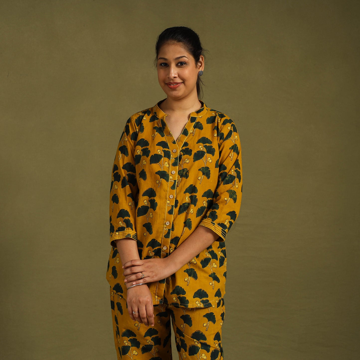 Yellow Cotton Ajrakh Block Print Night Suit Set