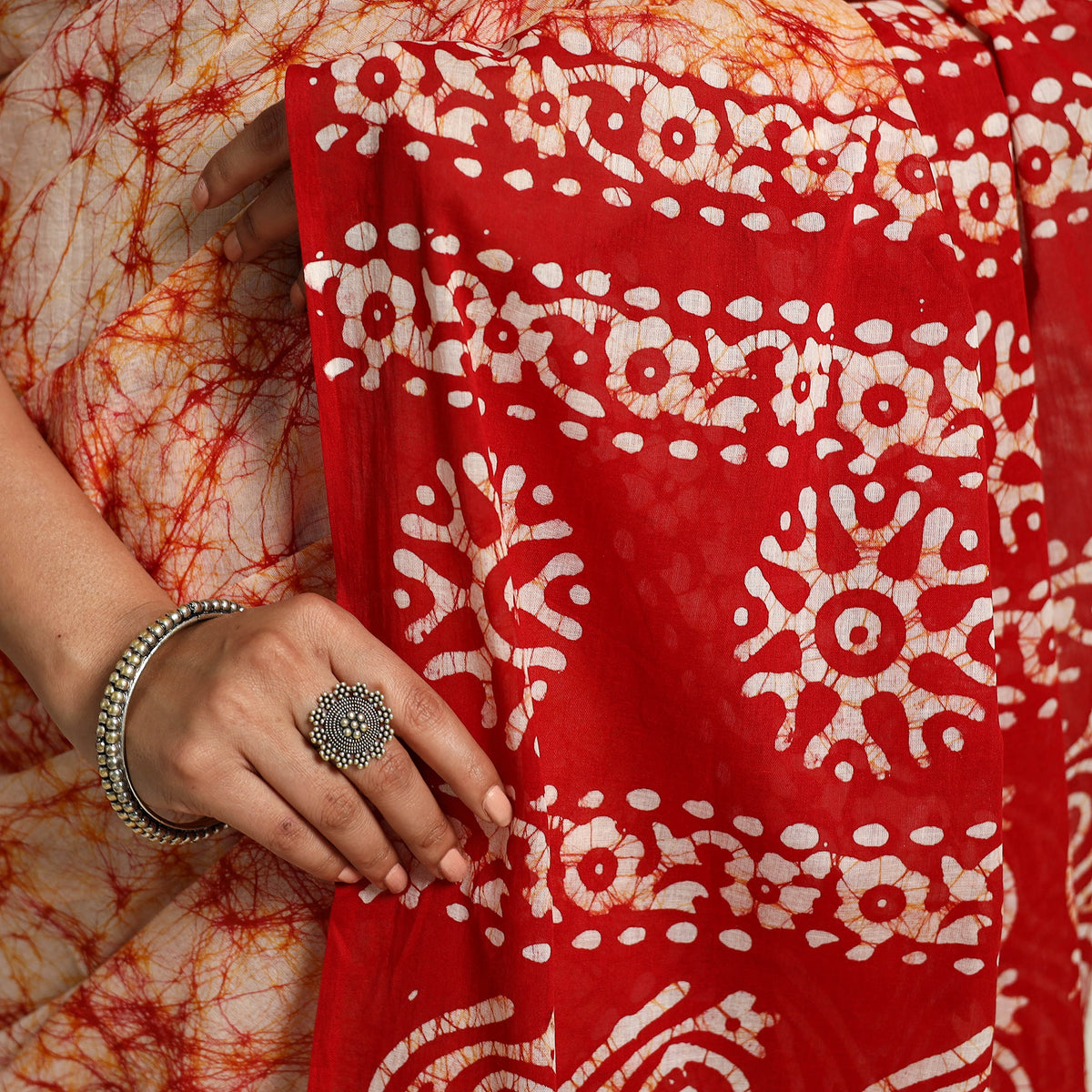  Red Mul Cotton Hand Batik Print Saree