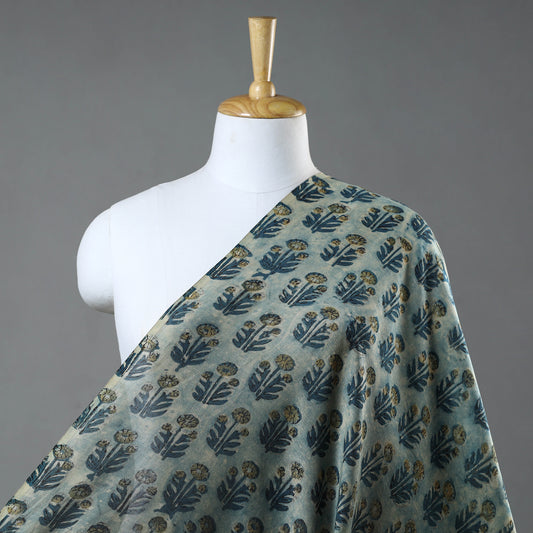 Green - Bagru Dabu Block Printed Natural Dyed Chanderi Silk Fabric 02