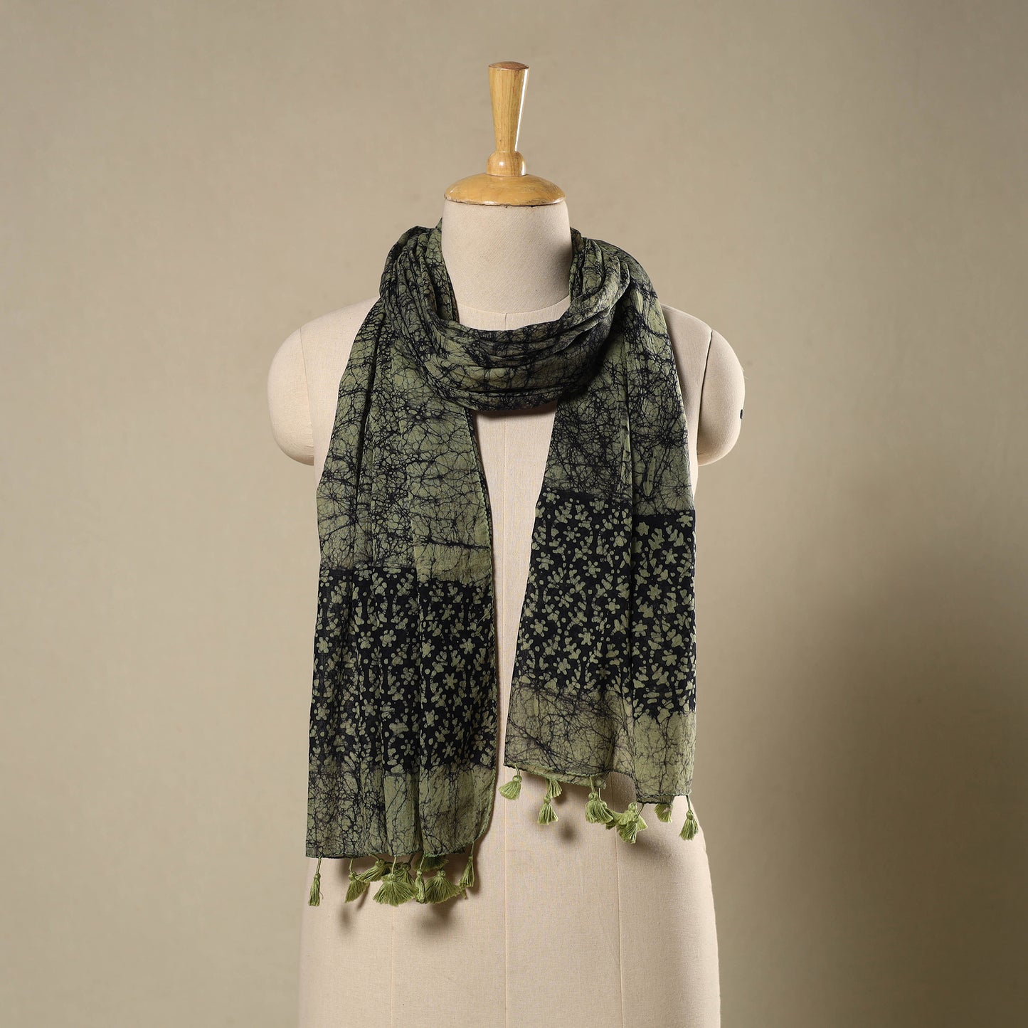  Green Mul Cotton Hand Batik Print Stole with Tassels