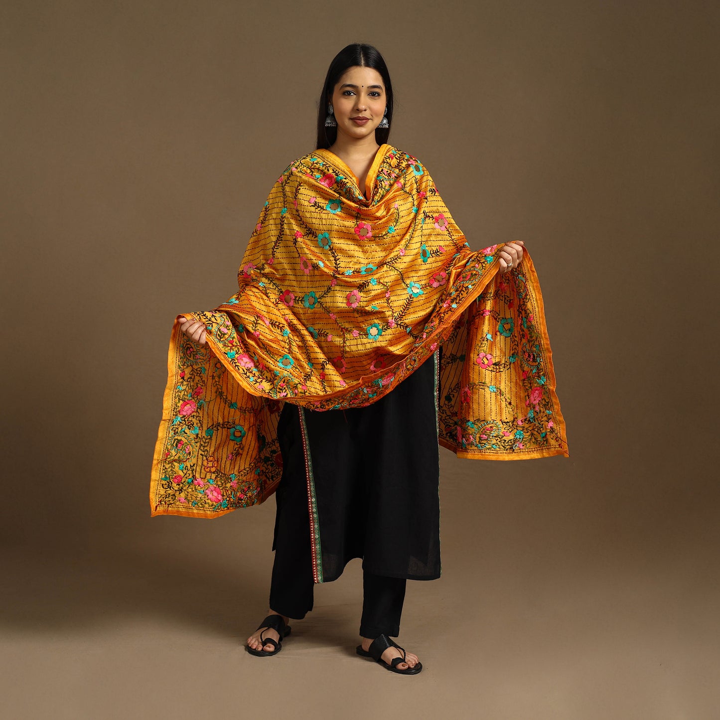 Buy Orange Ranihati Chanderi Silk Hand Embroidery Dupatta