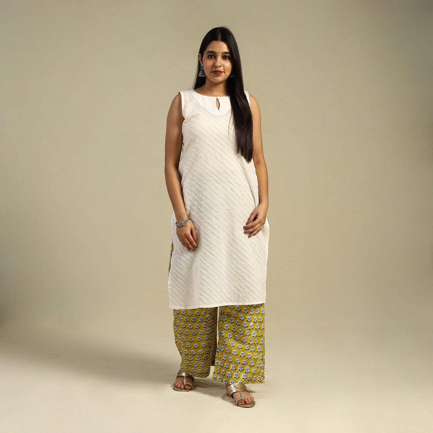 Yellow Block Print Cotton Sanganeri Palazzo 