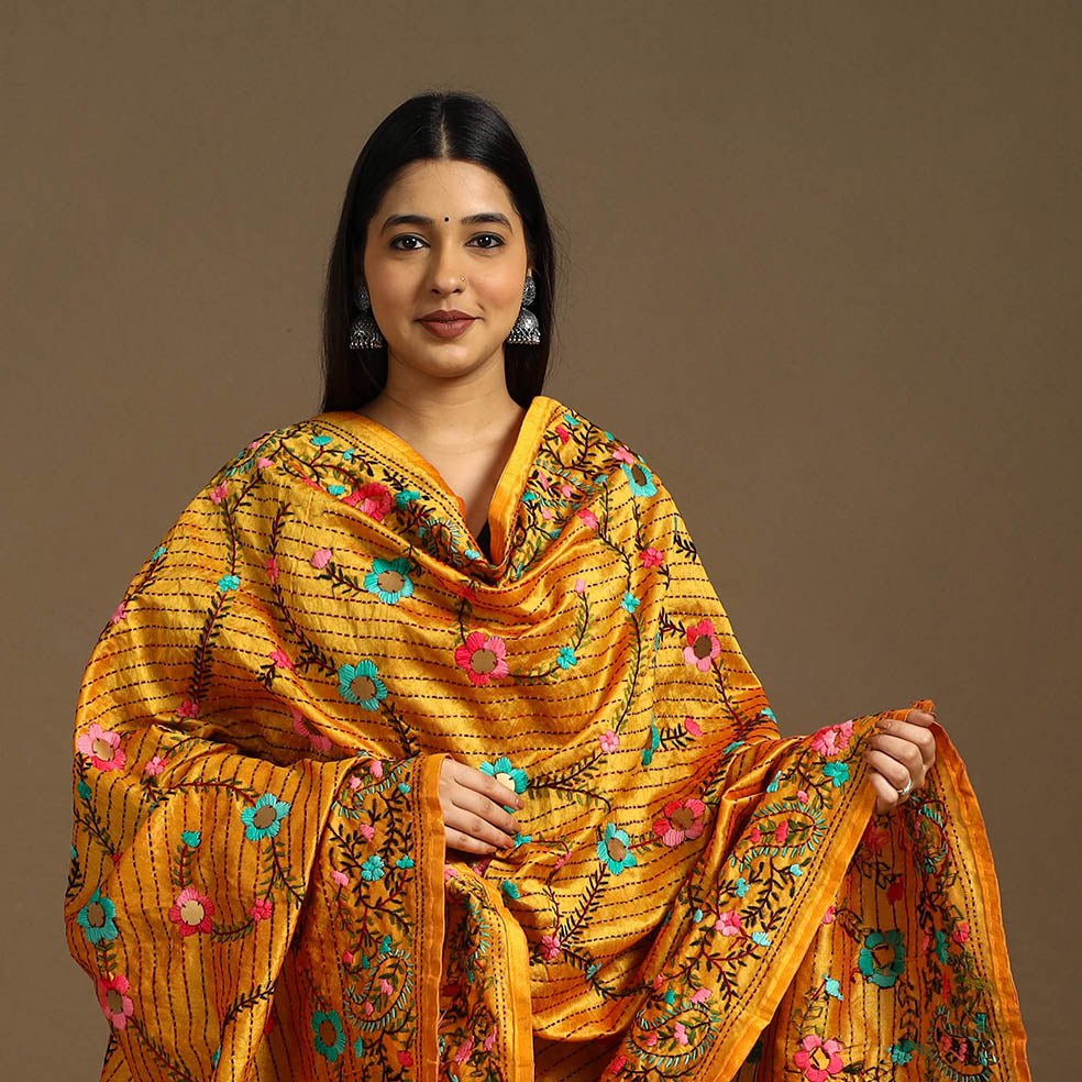 Buy Orange Ranihati Chanderi Silk Hand Embroidery Dupatta