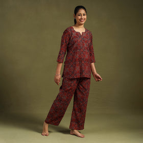 Red Cotton Ajrakh Block Print Night Suit Set