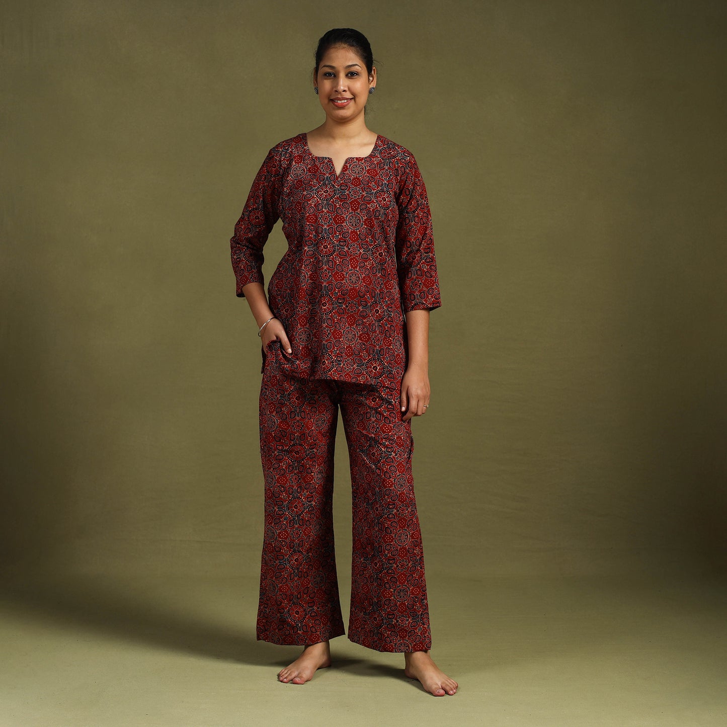 Red Cotton Ajrakh Block Print Night Suit Set
