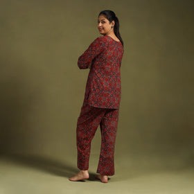 Red Cotton Ajrakh Block Print Night Suit Set