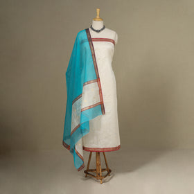 White - 3pc Handloom Zari Buti Unstitched Chanderi Silk Dress Material 