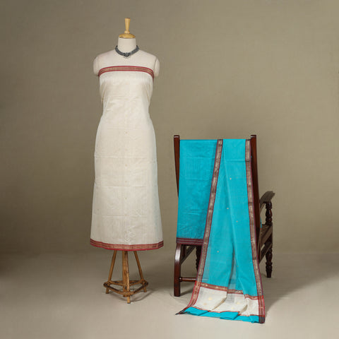 White - 3pc Handloom Zari Buti Unstitched Chanderi Silk Dress Material 