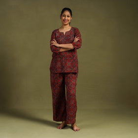 Red Cotton Ajrakh Block Print Night Suit Set
