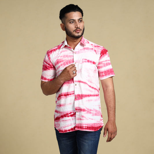 Pink - Shibori Tie-Dye Cotton Men Half Sleeve Shirt