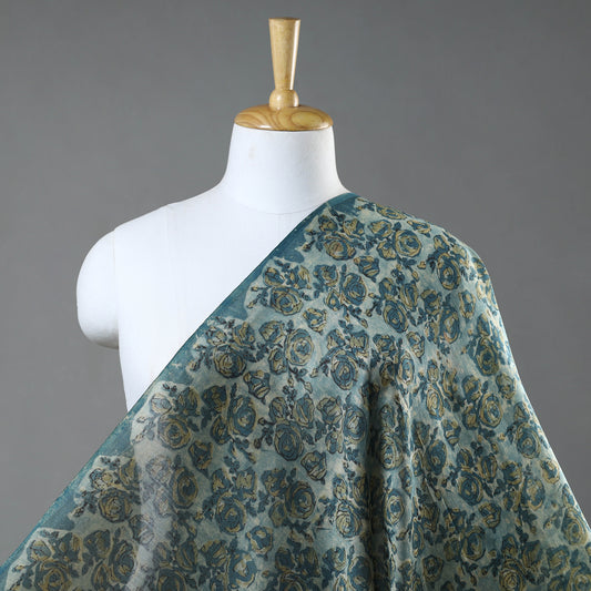 Green - Bagru Dabu Block Printed Natural Dyed Chanderi Silk Fabric 05